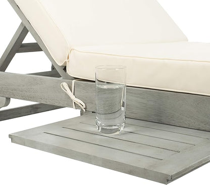 SAFAVIEH Outdoor Collection Newport Grey / Beige Cushion Built-in Side Table Adjustable Chaise Lounge Chair