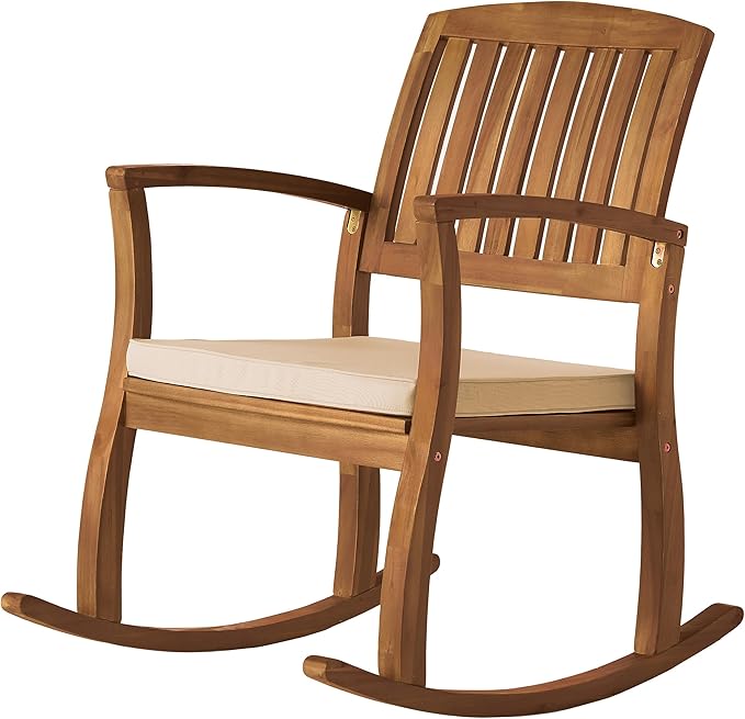 Acacia Wood Patio Outdoor Rocking Chair with Cushions for Garden, Lawn, Backyard, Pool - Photo 4