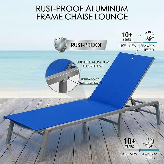 Kozyard Outdoor Foldable Lounge Chair, Aluminum Frame Patio Lounger with 5-Position Adjustable Backrest, Breathable Textilene Fabric, Assemble-Free, Reclining Full-Flat Poolside(Blue)