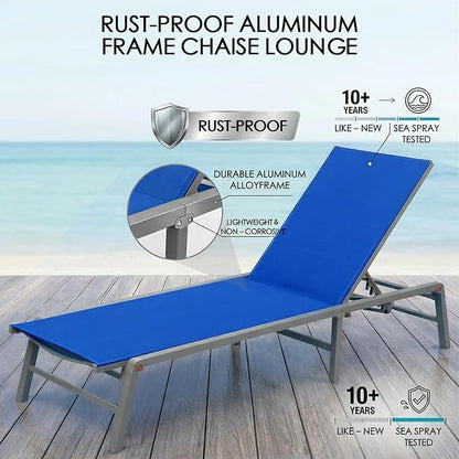 Kozyard Outdoor Foldable Lounge Chair, Aluminum Frame Patio Lounger with 5-Position Adjustable Backrest, Breathable Textilene Fabric, Assemble-Free, Reclining Full-Flat Poolside(Blue)