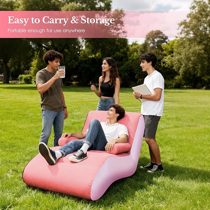 STARBRILLIANT Inflatable Deck Chair with Air Pump, Foldable Lounge Chair for Bedroom and Living Room, Indoor Sofa Lounge with Handrails(Pink)