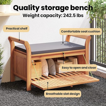 vidaXL Garden Storage Bench, Solid Acacia Wood, Gray Cushion Included, Classic Outdoor Design, Patio & Garden Seating, 35.8" x 19.7" x 23.6", Patio & Deck Organizer, Durable Wooden Furniture