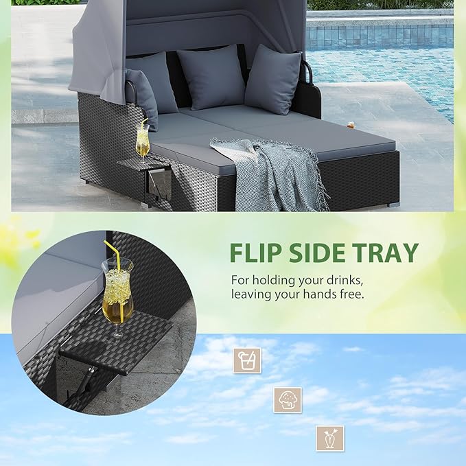 ORALNER Outdoor Daybed, 2-Person Wicker Patio Sofa with Retractable Canopy, Cushions & Pillows, 2 Side Trays - Photo 4