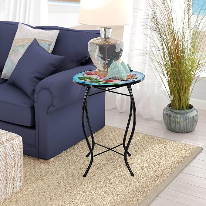 12 Inch Round Butterfly Glass Side Table, Patio Small Table, Outdoor Side Table, Outdoor Bar Table - Photo 7