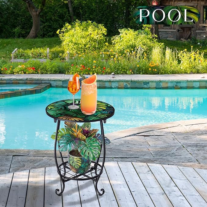 Outdoor Side Table Round Small Mosaic Patio Accent Indoor End Plant Coffee Tea Table for Yard Patio Porch Garden Living - Photo 5
