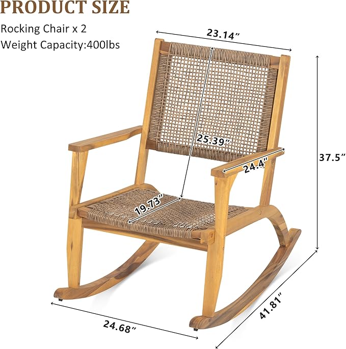 Merax 2-Piece Patio Rocking Chair Set, Acacia Wood Outdoor Rockers with PE Wicker Rattan Seat & Backrest - Photo 2
