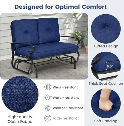 Tangkula Outdoor Swing Glider Chair, Patio Glider Bench for 2 Persons, Outdoor Rocking Loveseat with Steel Frame & Comfortable Cushions for Garden, Porch, Balcony, Poolside (Navy Blue)