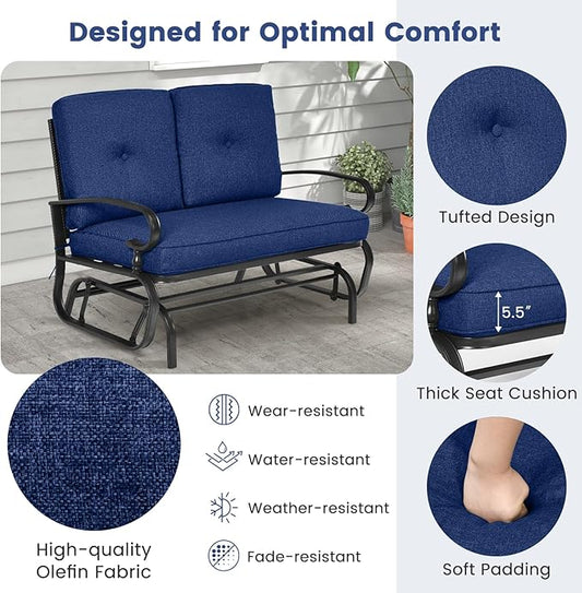 Tangkula Outdoor Swing Glider Chair, Patio Glider Bench for 2 Persons, Outdoor Rocking Loveseat with Steel Frame & Comfortable Cushions for Garden, Porch, Balcony, Poolside (Navy Blue)