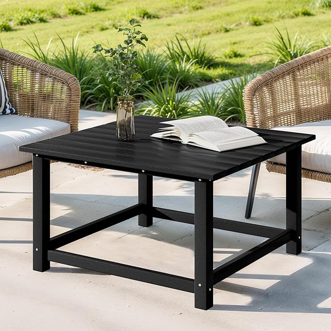 Costaelm Patio Conversation Table, Tatio Accent HDPE Outdoor Weather Resistant, Square Outdoor Porch Balcony Patio Drink Table for Outside, Pool, Backyard, Black