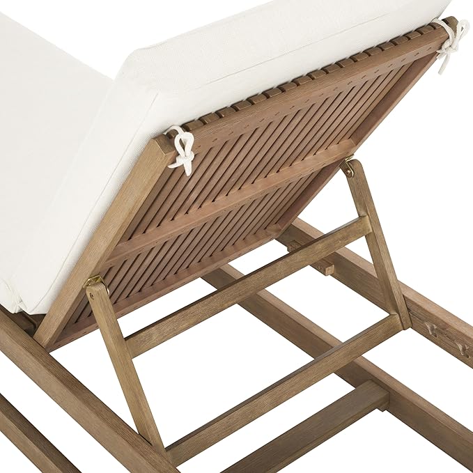 SAFAVIEH Couture Outdoor Collection Saint Vincent Natural/Beige Cushion Solid Wood Chaise Lounge Chair