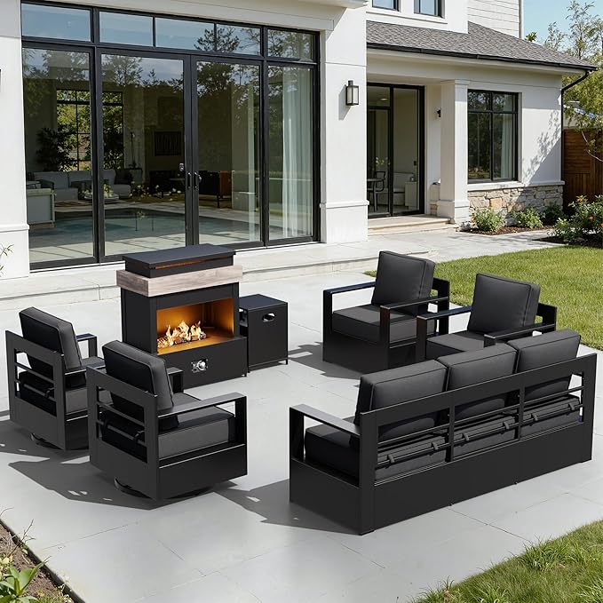 Outdoor Aluminum Furniture Set, 6-Piece Patio Conversation Set, 2 Swivel Chairs, 2 Chairs, 1 Sofa and 1 Fireplace - Photo 1