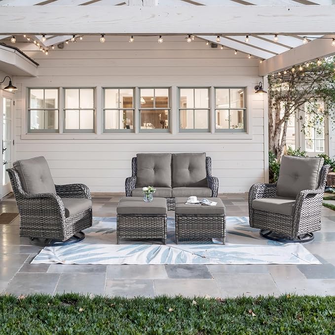 Belord 5 Piece Wicker Patio Furniture Set, Outdoor Swivel Rocker Chairs Set of 2 with Ottomans and Loveseat - Photo 1