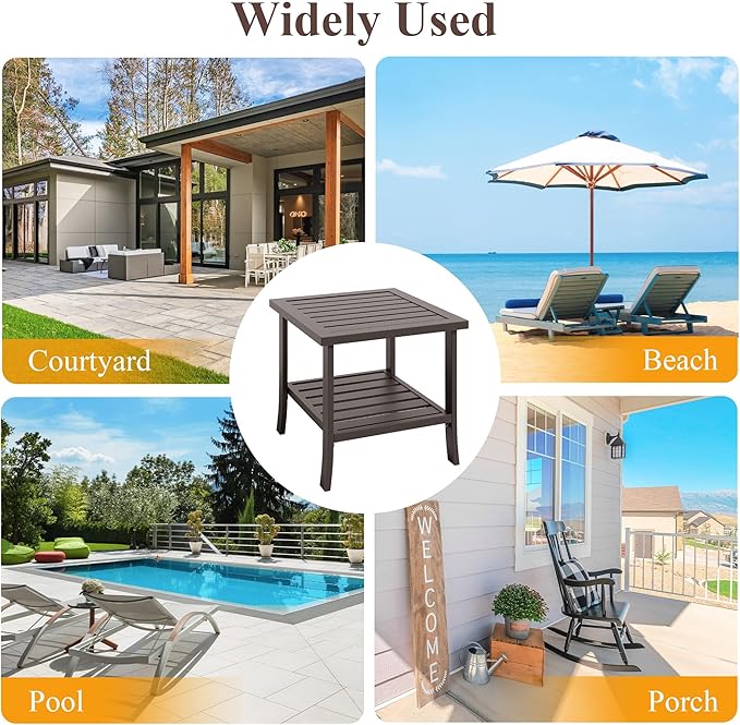 Kiss the Water Metal Square Side Table, 2-Tier Outdoor Coffee Table, All-Weather Outdoor Side Table for Patio End Porch Backyard Garden, Khaki