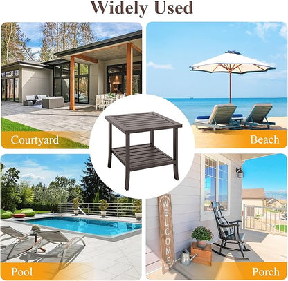 Kiss the Water Metal Square Side Table, 2-Tier Outdoor Coffee Table, All-Weather Outdoor Side Table for Patio End Porch Backyard Garden, Khaki