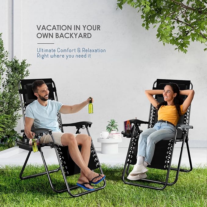 Nestl Zero Gravity Chairs Set of 2, Patio Lounge Chair Outdoor with Pillows & Cup Holder Trays, Adjustable Steel Mesh Reclining Camping Chair, Folding Patio Lawn Chair for Deck, Beach, Yard - Black