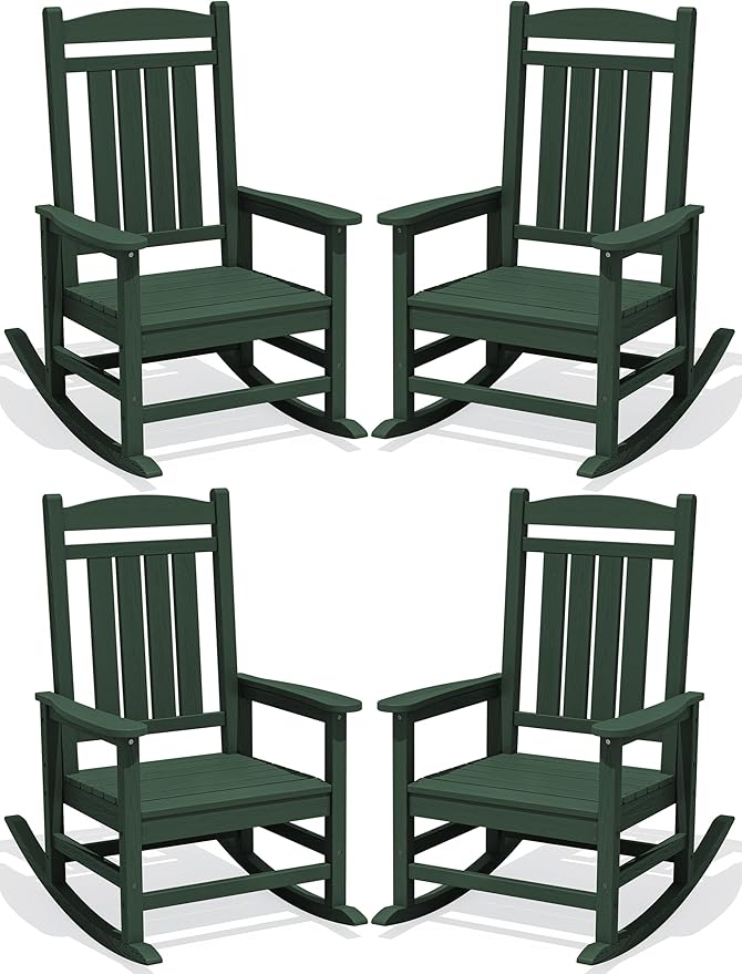 KINGYES HDPE Outdoor Rocking Chair Set of 4, All-Weather Patio Rocking Chair, Weather Resistant Porch Rocker for Adults, Dark Green