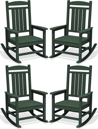 KINGYES HDPE Outdoor Rocking Chair Set of 4, All-Weather Patio Rocking Chair, Weather Resistant Porch Rocker for Adults, Dark Green
