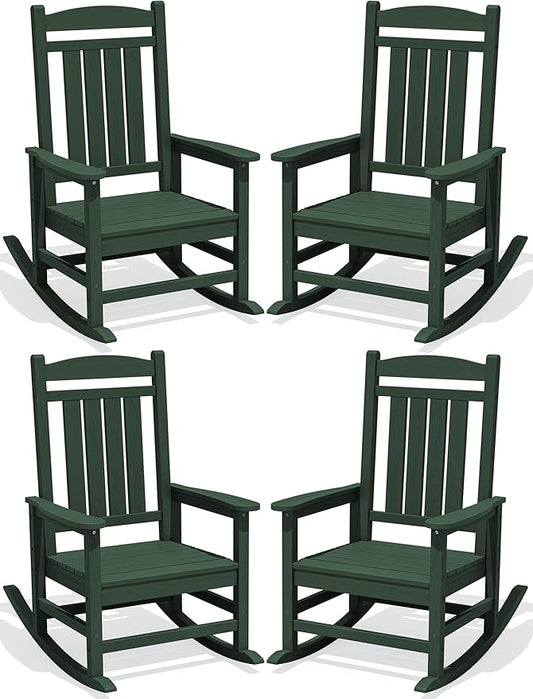 KINGYES HDPE Outdoor Rocking Chair Set of 4, All-Weather Patio Rocking Chair, Weather Resistant Porch Rocker for Adults, Dark Green
