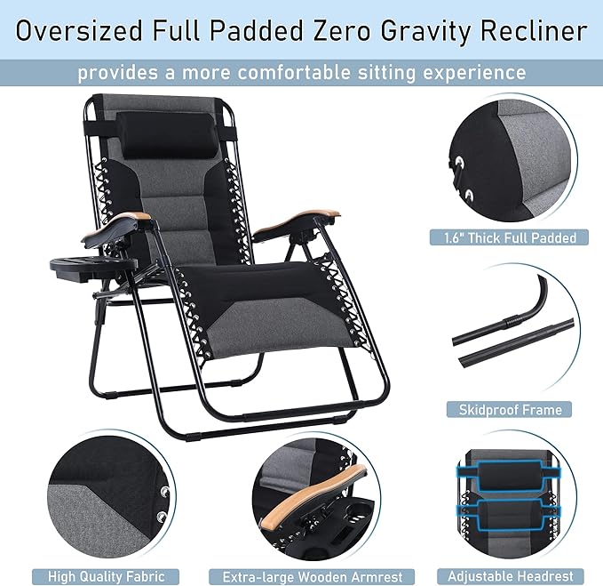 PHI VILLA XXL Oversized Padded Zero Gravity Chair Set of 2, Foldable Patio Recliner - Photo 6