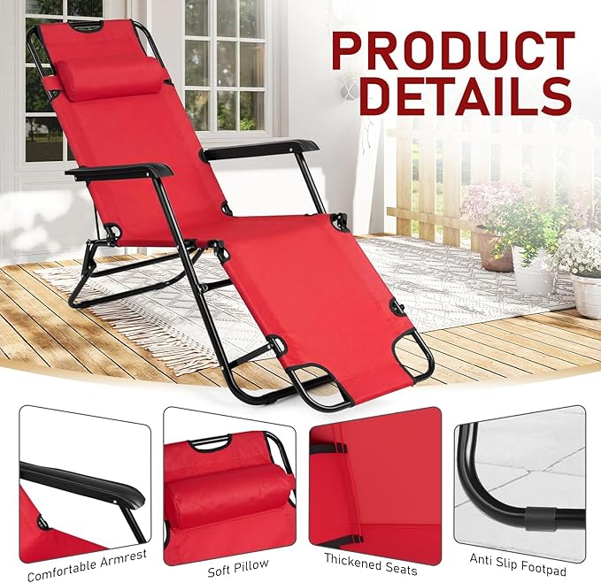 Outvita Folding Chaise Lounge Chair, Outdoor Adjustable Recliner Chair with Pillow for Camping, Beach, Poolside, Garden, Backyard, Lawn