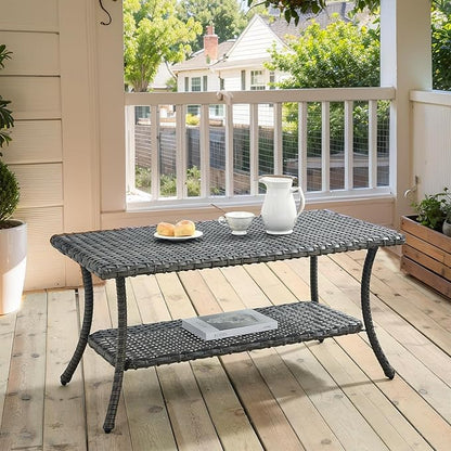 Wicker Outdoor Coffee Table,Rattan Outdoor Coffee Table with 2-Layer Storage Furniture Tables for Garden,Porch,Backyard