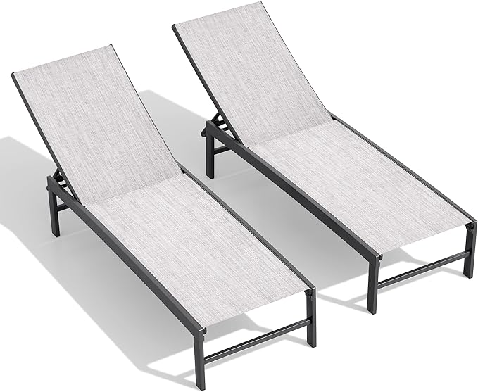 Crestlive Products Chaise Lounge Chair Outdoor Set of 2, Adjustable 5 Positions Pool Tanning Recliner, Outdoor Lounge Furniture Perfect for Patio, Beach, Yard, Pool