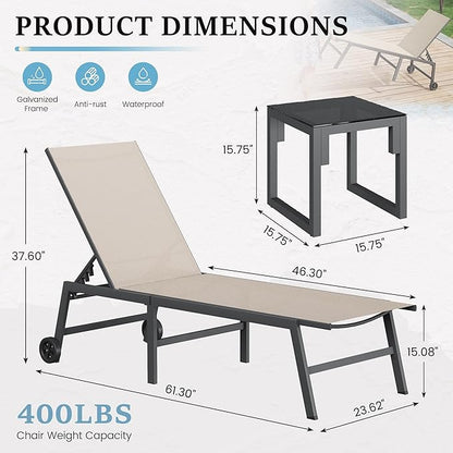 UDPATIO Outdoor Chaise Lounge with Wheels 2 Pieces Patio Lounge Chair with Side Table 5 Adjustable Position Recliner for Patio, Beach, Yard, Pool