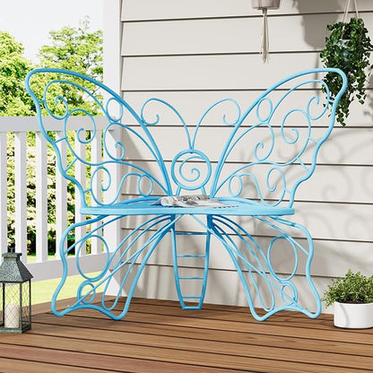 49 Inch Outdoor Bench, Blue Garden Bench with Metal Frame, Weatherproof Butterfly Front Porch Benches for Lawn, Garden, Yard, Balcony