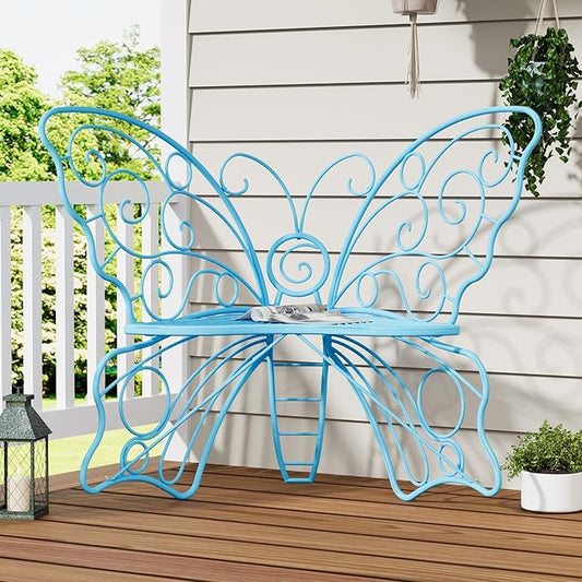 49 Inch Outdoor Bench, Blue Garden Bench with Metal Frame, Weatherproof Butterfly Front Porch Benches for Lawn, Garden, Yard, Balcony