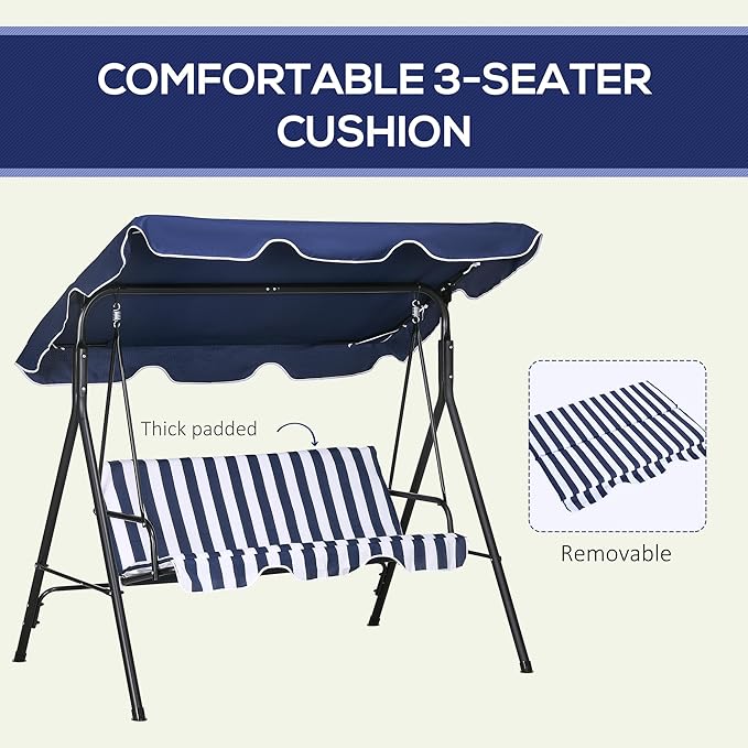 Outsunny 3-Seat Outdoor Patio Swing Chair with Removable Cushion, Steel Frame Stand and Adjustable Tilt Canopy for Patio - Photo 6