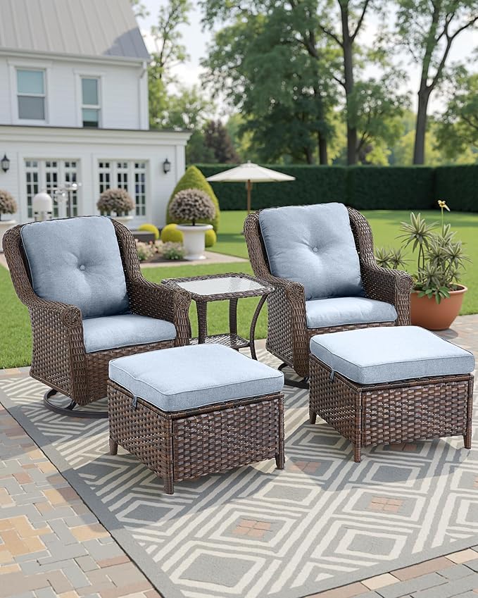 3 Piece Patio Swivel Chairs and Side Table Set - High Back Outdoor Brown Wicker Rattan Rocking Glider with Thick - Photo 6