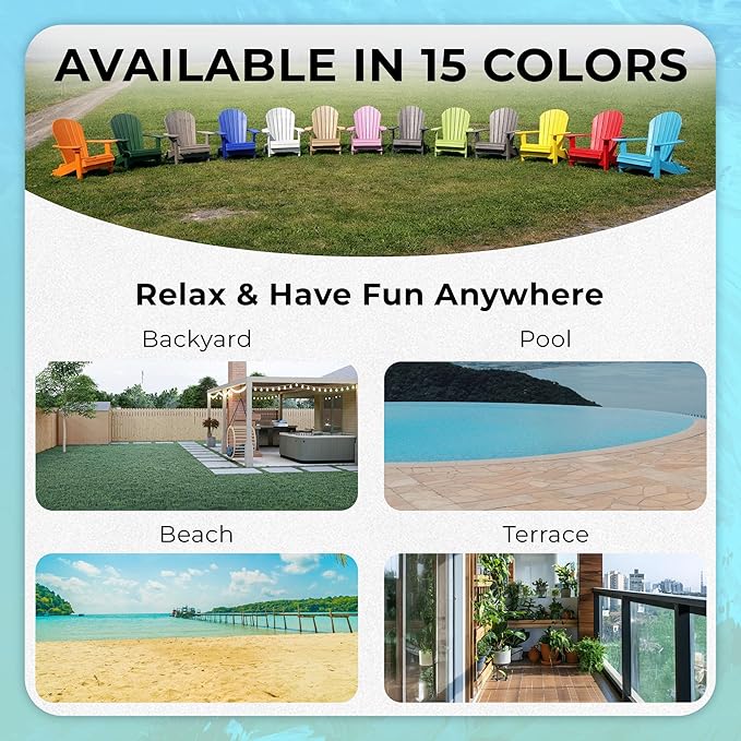Ecommersify Folding Adirondack Chair with Cup Holder - (Aruba Blue) - Heavy Duty Recycled Poly Lumber Folding Chair - Amish Crafted Outdoor Furniture - Made in USA