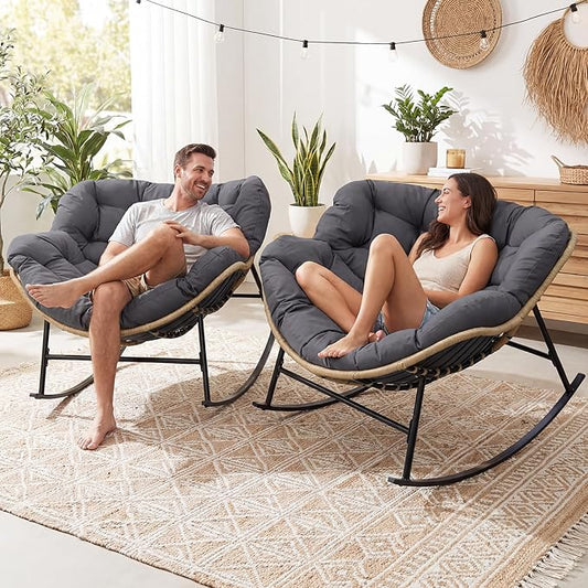 NICESOUL Indoor Outdoor 2-Piece Oversized Papasan Rocking Chair Set, Extra-Large Cushioned Double Royal Rockers, Comfy Loveseat Patio Lounge Chair, All Weather Durable Wicker Egg Glider, Dark Gray