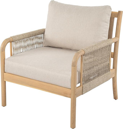 Christopher Knight Home Casper Acacia Wood Lounge Chair Outdoor with Removable Cushion, Wooden Patio Accent Chair with Woven Rope Details, Outdoor Armchair for Patio Furniture Set, Light Teak+Beige