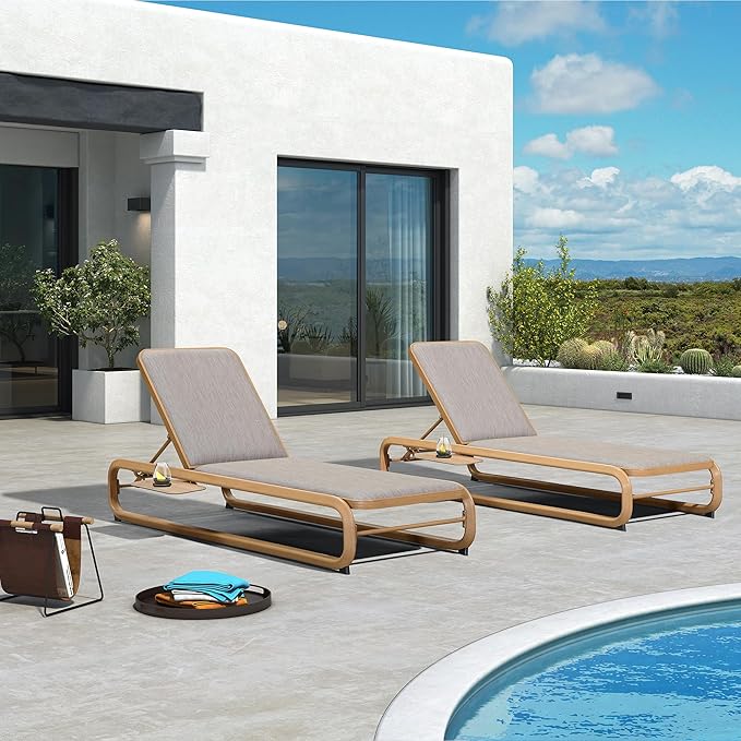 PURPLE LEAF Outdoor Chaise Lounge One Chair with Cushion Aluminum Pool Side Sun Lounges Adjustable Reclining Patio Set Teak