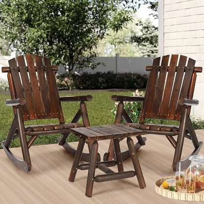 HOMEDIARY 3-Piece Outdoor Wood Rocking Bistro Set, Adirondack Rocker Chair Set with 2 Rockers and A Coffee Table, Patio Wooden Conversation Set for Garden, High Fanned Back & Slatted Seat, Carbonized