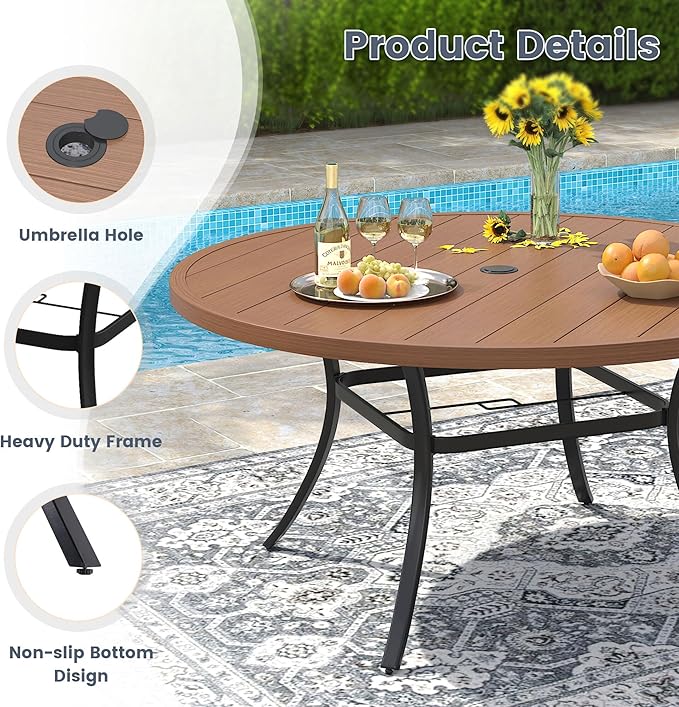 VICLLAX 53" Round Patio Dining Table for 6-8, Metal Outdoor Dining Table with Umbrella Hole for Patio, Garden, Balcony, Walnut