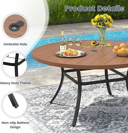 VICLLAX 53" Round Patio Dining Table for 6-8, Metal Outdoor Dining Table with Umbrella Hole for Patio, Garden, Balcony, Walnut