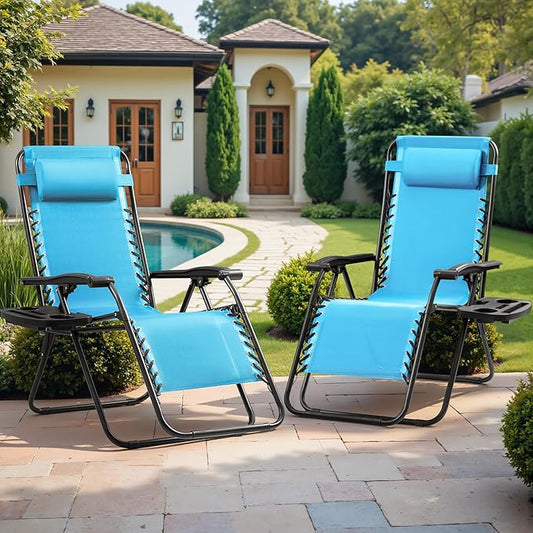 Devoko Patio Zero Gravity Chair Outdoor Folding Adjustable Reclining Chairs Pool Side Using Lawn Lounge Chair with Pillow Set of 2 (Blue)