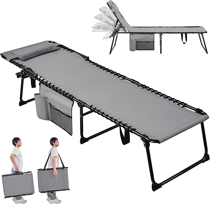 Yaheetech 22.4" Outdoor Folding Tanning Chair, Chaise Lounge Chairs with 5 Back Position Adjustable, Extended Portable Lounger for Beach, Patio, Gray