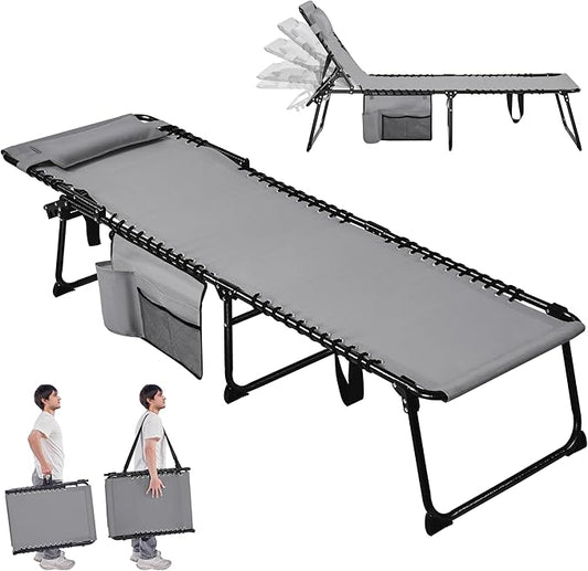 Yaheetech 22.4" Outdoor Folding Tanning Chair, Chaise Lounge Chairs with 5 Back Position Adjustable, Extended Portable Lounger for Beach, Patio, Gray