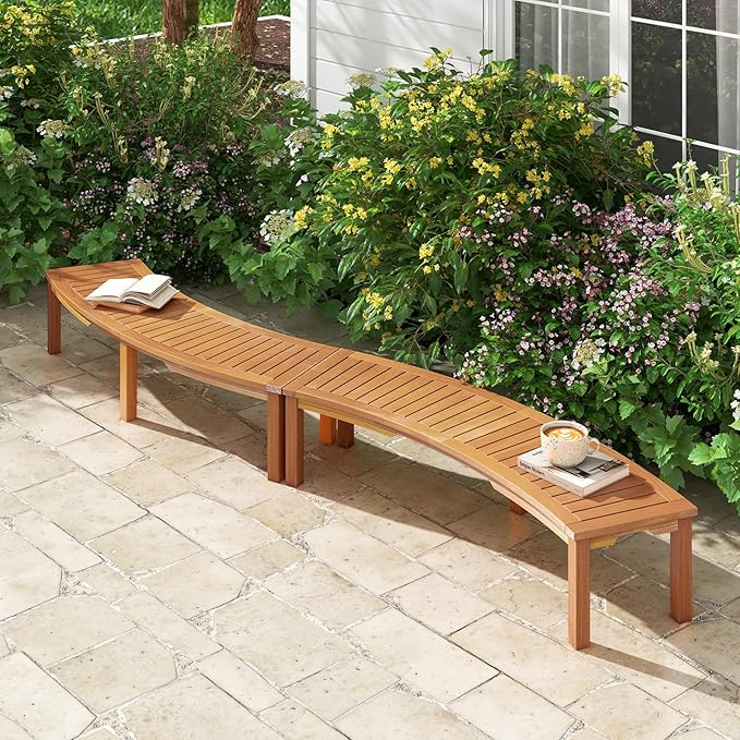 RELAX4LIFE Wooden Outdoor Curved Bench - Acacia Wood Garden Bench w/Slatted Seat, 2-Person Outside Backless Seating for Porch Backyard Deck Park, 800 LBS Load Capacity, Patio Fire Pit Bench (4, 58'')