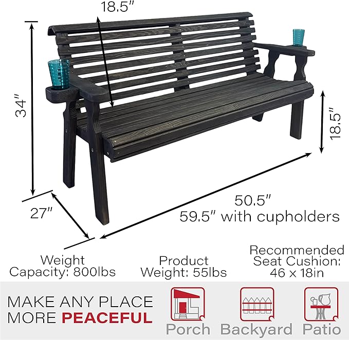 Amish Casual Heavy Duty Pressure Treated 4 Foot Outdoor Garden Bench with Cup Holders - Amish Crafted Roll Back Design in Black Stain, 700 Lb Weight Capacity