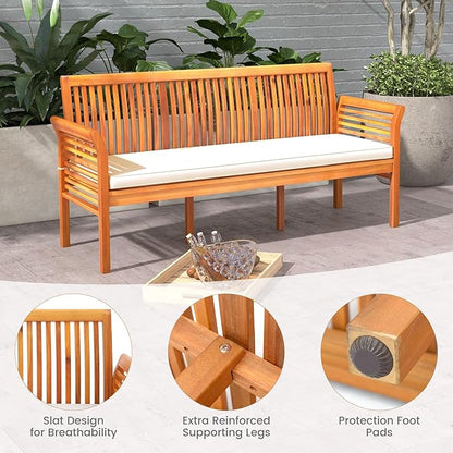 HAPPYGRILL 3-Person Outdoor Bench Acacia Wood Porch Bench, Garden Bench with High Backrest, Curved Armrests & Seat Cushion for Backyard Deck Patio Poolside