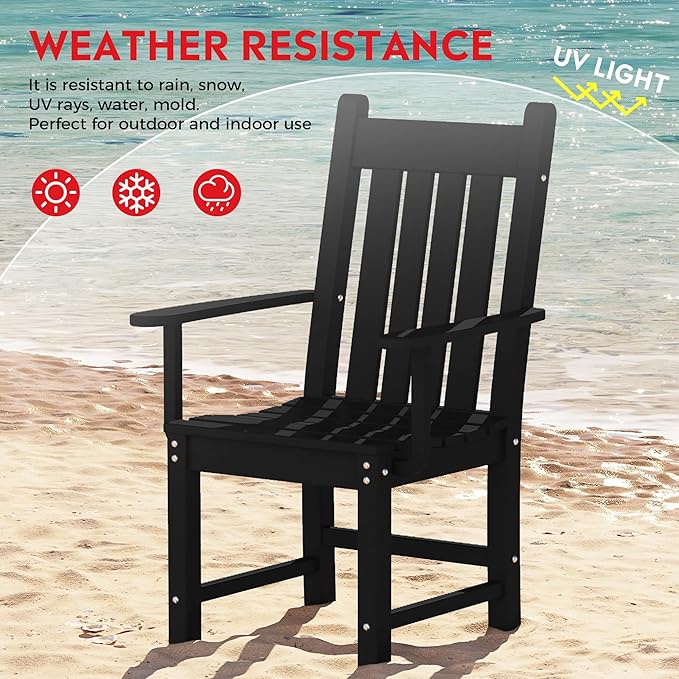 Costaelm Patio Dining Chairs, Plastic Outdoor Adirondack Chair with Arm, HDPE Poly Lumber, Waterproof Restaurant Bistro Dining Chair for Outside Porch Backyard Garden, Black