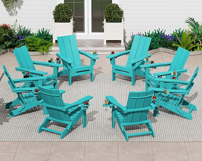 SERWALL Modern Adirondack Chair Set of 8, Folding Adirondack Chair with Cup Holders, Outdoor HDPE Adirondack Chair, Teal
