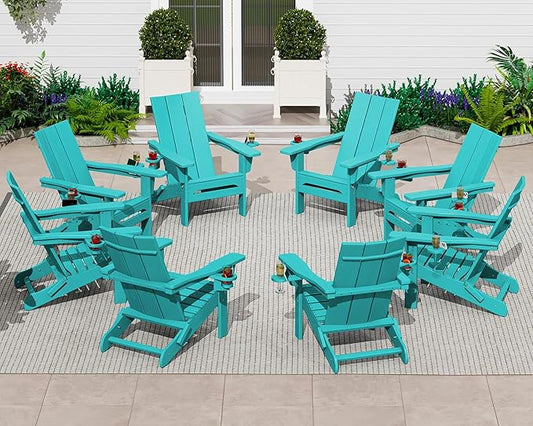 SERWALL Modern Adirondack Chair Set of 8, Folding Adirondack Chair with Cup Holders, Outdoor HDPE Adirondack Chair, Teal