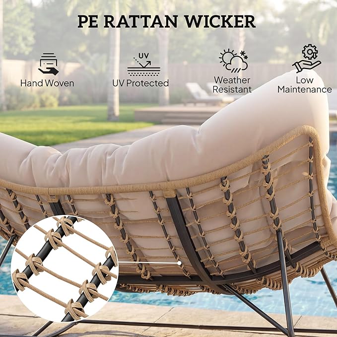 Outsunny Double Papasan Rocking Chair, Wicker Oversized Indoor Outdoor Rocking Chair with Cushion, PE Rattan Padded Outdoor Rocker Egg Chairs for Living Room, Garden, Patio, Balcony, Cream White