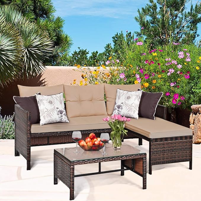 Tangkula Patio Corner Sofa Set 3 Piece, Outdoor Rattan Sofa Set, Includes Lounge Chaise, Loveseat & Coffee Table - Photo 3