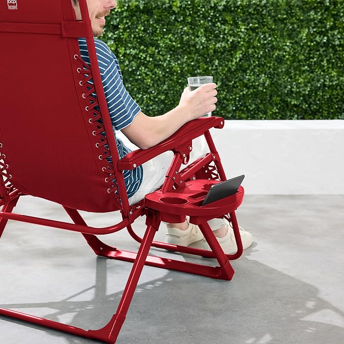 Best Choice Products Adjustable Zero Gravity Chair, Monochromatic Color Folding Patio Recliner w/Side Tray, Headrest - Ruby